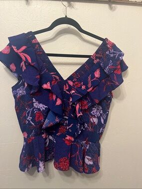 sofia by sofia vergara Navy Floral Ruffle V-Neck Top with Pink Accents